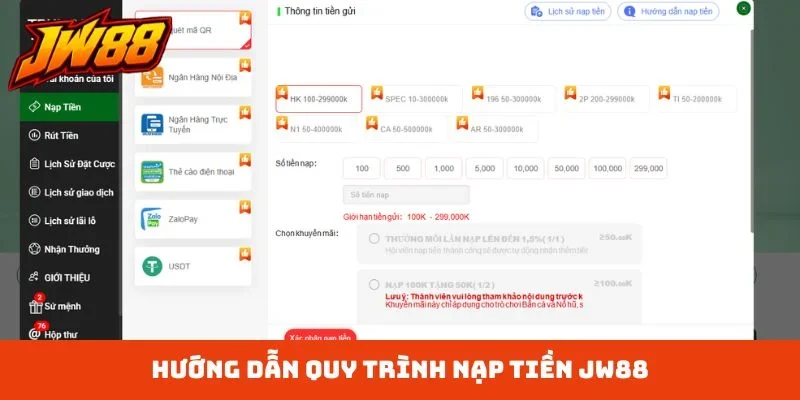Hướng dẫn quy trình nạp tiền JW88
